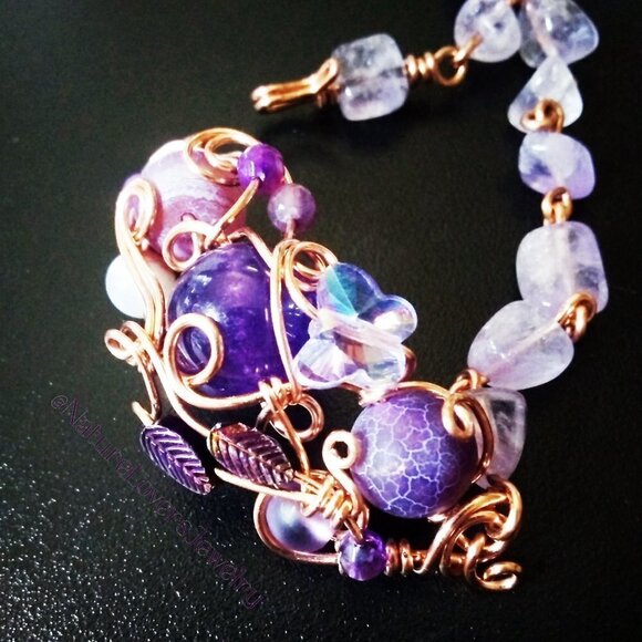Lilac & Purple Butterfly + Gemstone Bracelet! Amethyst + Agate + WireWrap Copper - Picture 5 of 14